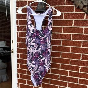 -Nicole Miller NWT Raspberry 1 Pc Swimsuit Purple Tropical Floral Racerback XL